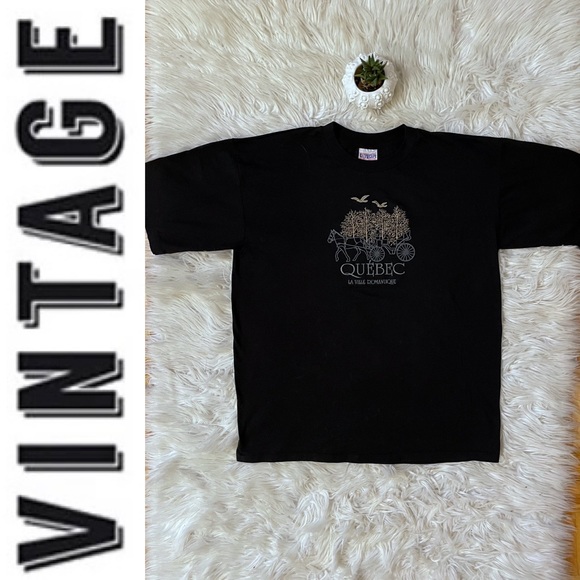 EUC vintage single stitch crewneck graphic Quebec souvenir black tee s/s, XL - Picture 9 of 16